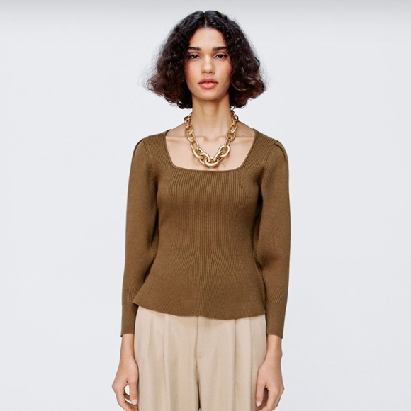 Zara brown Knit Peplum Top Ribbed Sweater Square neck - Picture 7 of 7